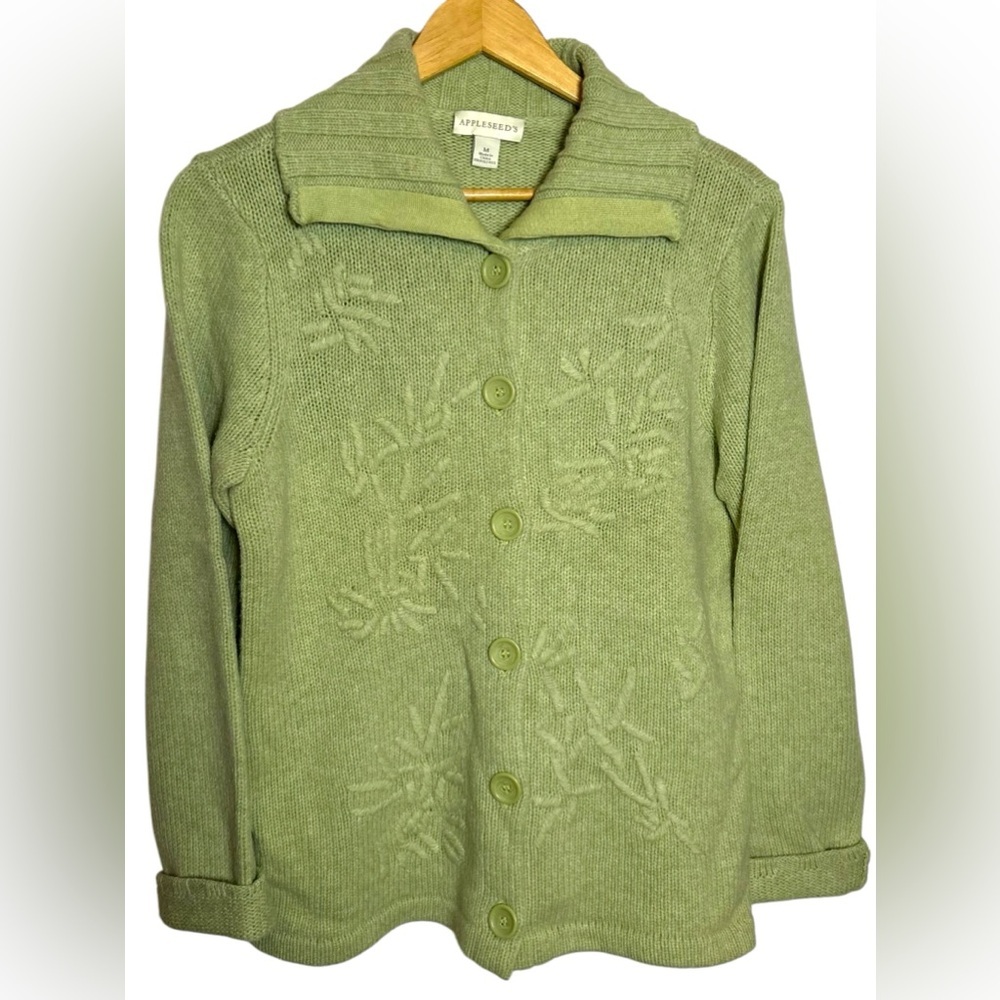 Appleseed's‎ Women’s Vintage Floral Lambs Wool Green Button Up Cardigan Sweater